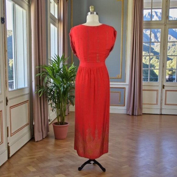 LAPOGEE TRIBAL PRINT RED GOLD BOHEMIAN V-NECK MAXI DRESS - Picture 6 of 8